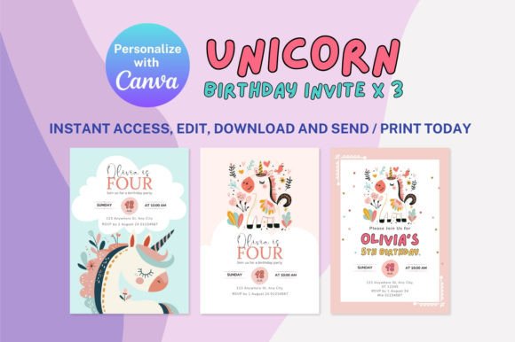 Canva Unicorn Birthday Invitation X 3: Instant Magic for Her Party